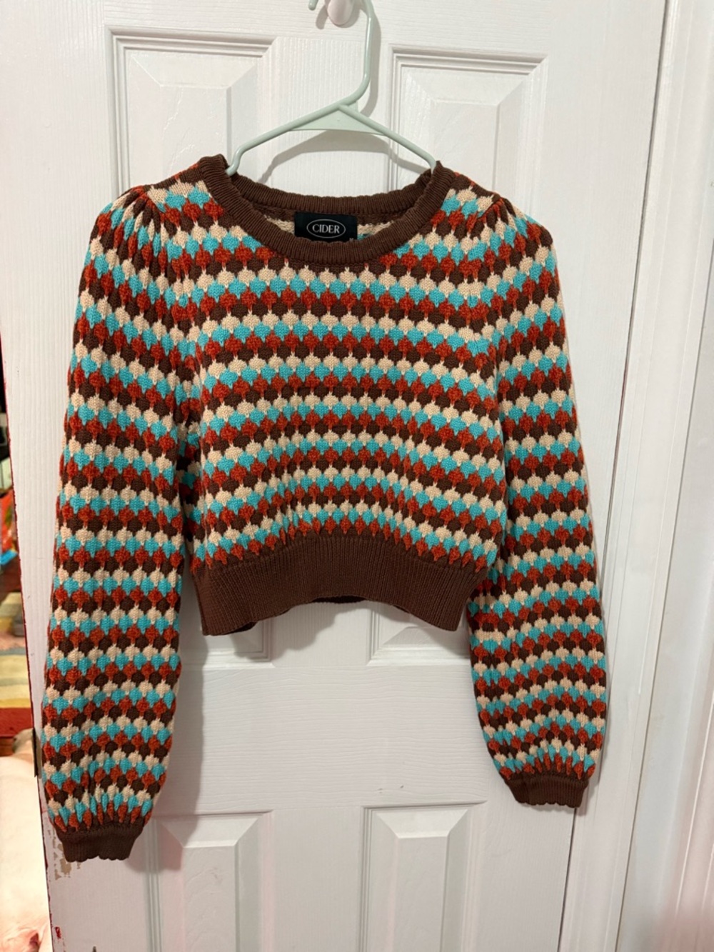 Cider Cropped Crewneck Sweater in Brown, Cream, Turquoise & Rust